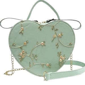 Heart-Shaped Floral Embroidered Bag - Cute Purse Crossbody - Mint Green NWT
